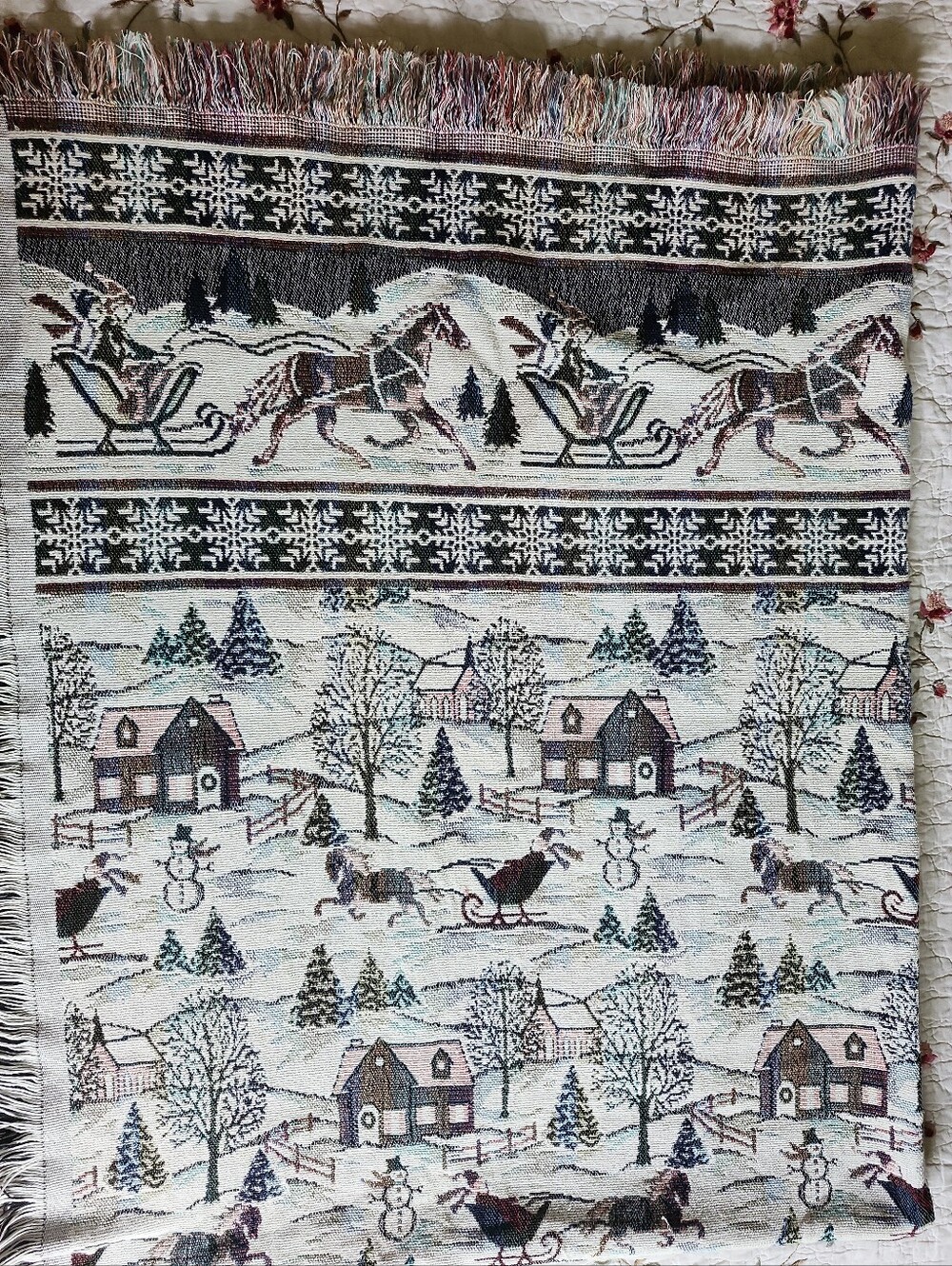 VTG Goodwin Weavers Winter Country Sleigh Ride Tapestry Throw Blanket  70”x 54”